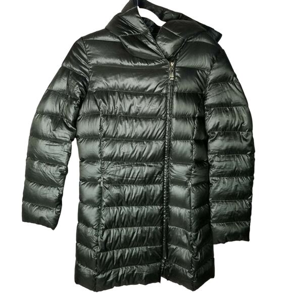 Ellen Tracy Womens Puffer Down Jacket Full Zip Chocolate Brown Sz M Hooded Shiny - Picture 1 of 10
